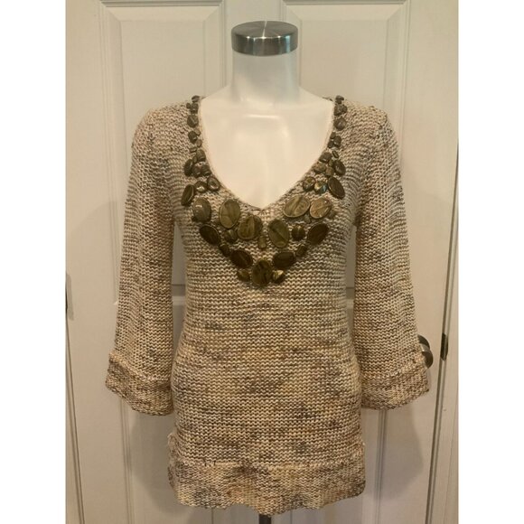 BCBG Max Azria Tan Loose Knit V-Neck Sweater W/ Beaded Neckline, Size Small - Picture 1 of 7